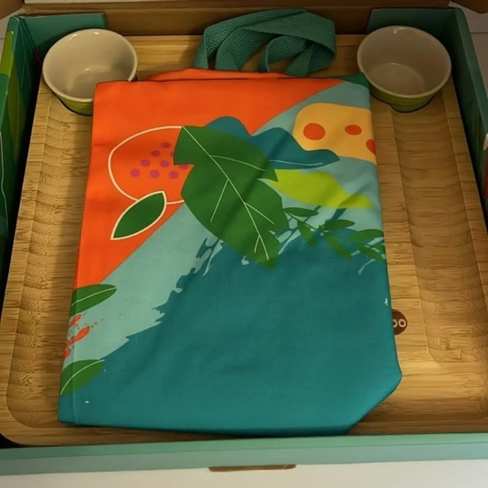 Kunaboo Natural Bamboo Cheese Board Set with‎ Cutlery Drawer and Ceramic Bowls